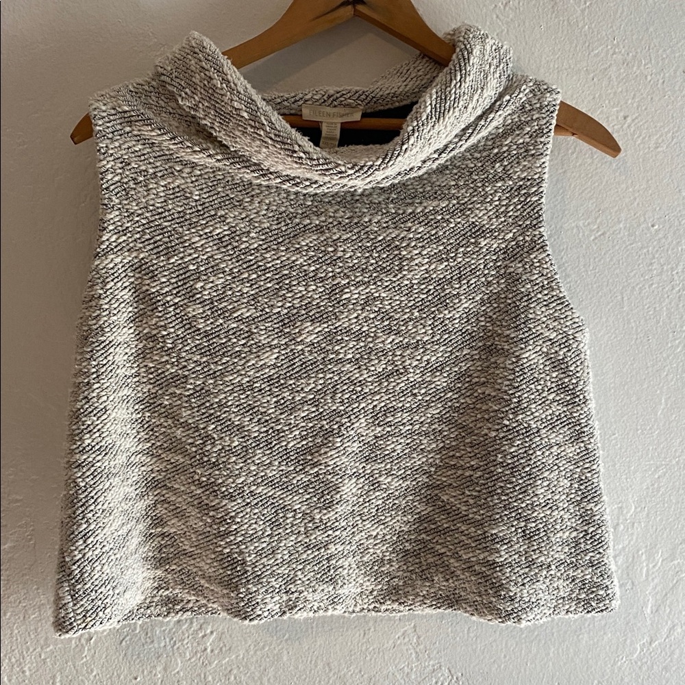 Eileen Fisher Organic Cotton Cowl Neck Sleeveless Sweater Vest Gray White S
